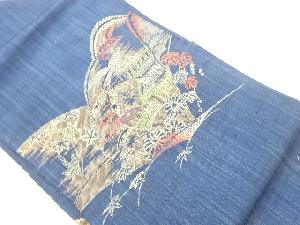 手織り紬遠山に家屋模様織出し名古屋帯